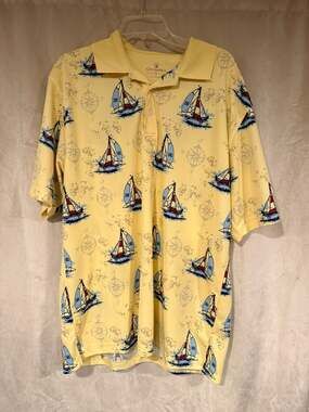Golf America Men's XL Yellow Nautical Sailboat Compass Print Polo Shirt